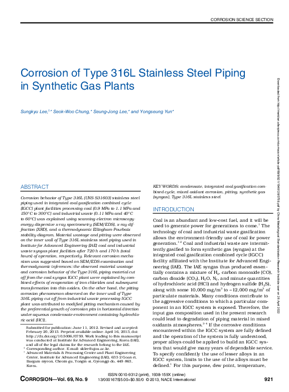 (PDF) Corrosion of Type 316L Stainless Steel Piping in Synthetic Gas Plants