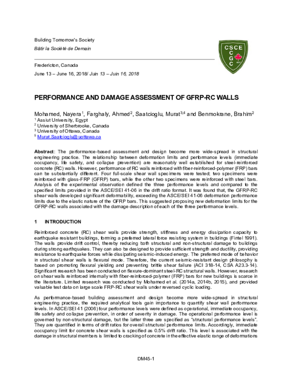 (PDF) Performance and Damage Assessment of GFRP-RC Walls