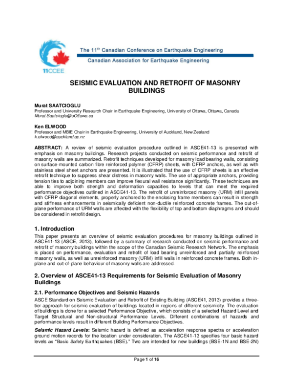 (PDF) Seismic Evaluation and Retrofit of Masonry Buildings