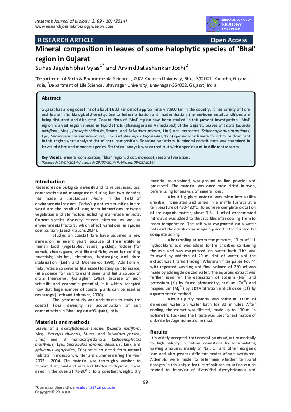 (PDF) Mineral composition in leaves of some halophytic species of ?Bhal ...
