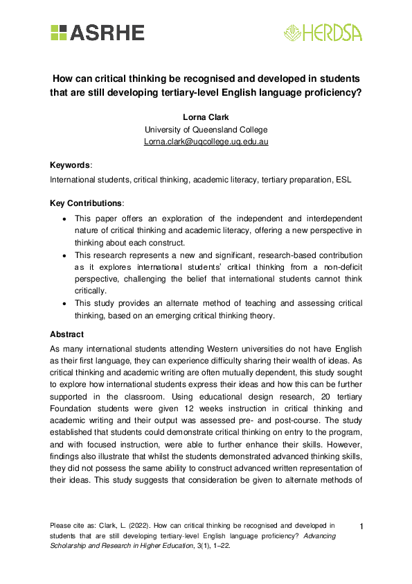 (PDF) How can critical thinking be recognised and developed in students ...