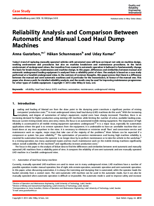 (PDF) Reliability Analysis and Comparison Between Automatic and Manual Load Haul Dump Machines