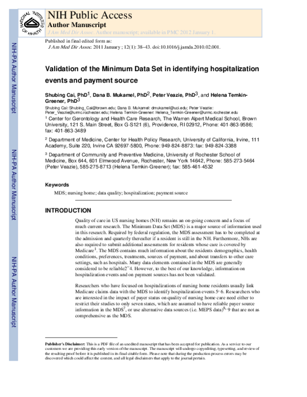 (PDF) Validation of the Minimum Data Set in Identifying Hospitalization ...