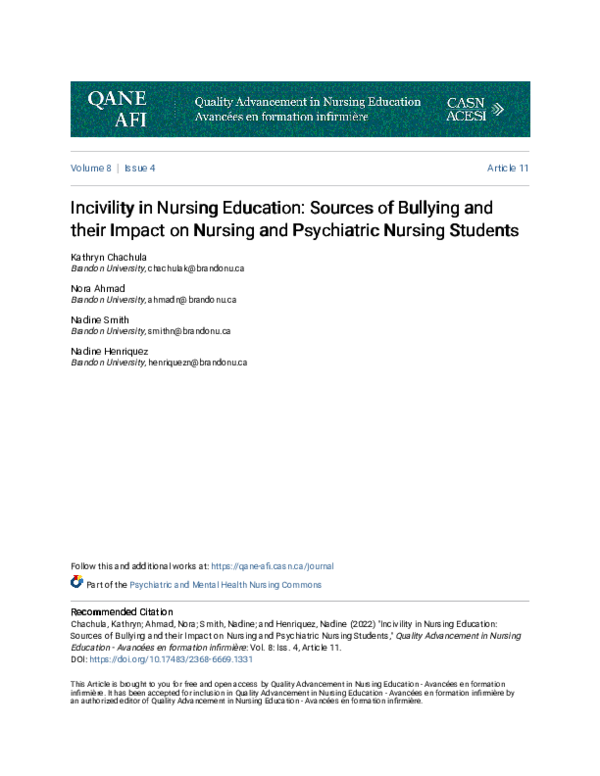 (PDF) Incivility in Nursing Education: Sources of Bullying and their ...
