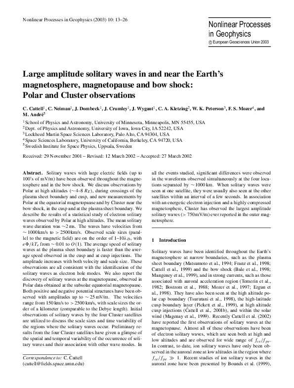 (PDF) Large amplitude solitary waves in and near the Earth’s ...