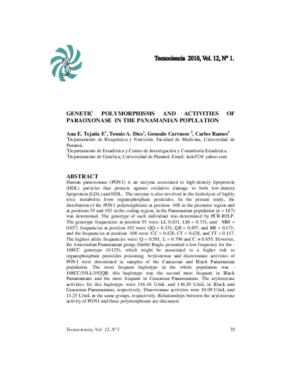 (PDF) Genetic Polymorphisms and Activities of Paraoxonase in the ...