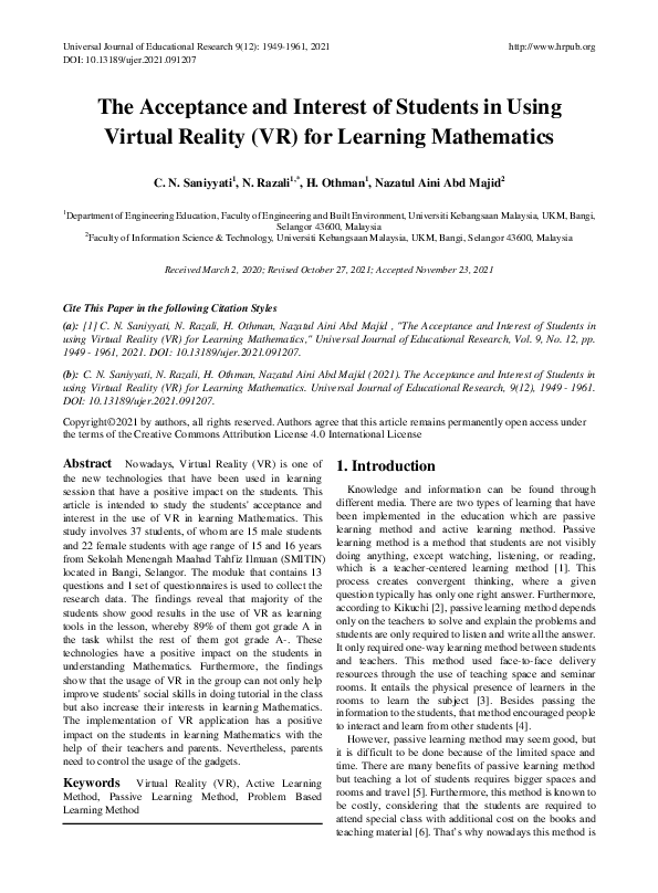 (PDF) The Acceptance and Interest of Students in Using Virtual Reality ...