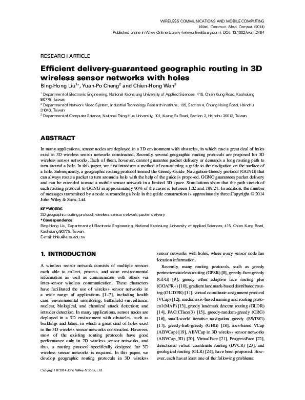 (PDF) Efficient delivery-guaranteed geographic routing in 3D wireless ...
