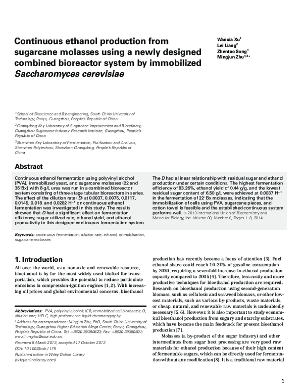 (PDF) Continuous ethanol production from sugarcane molasses using a ...