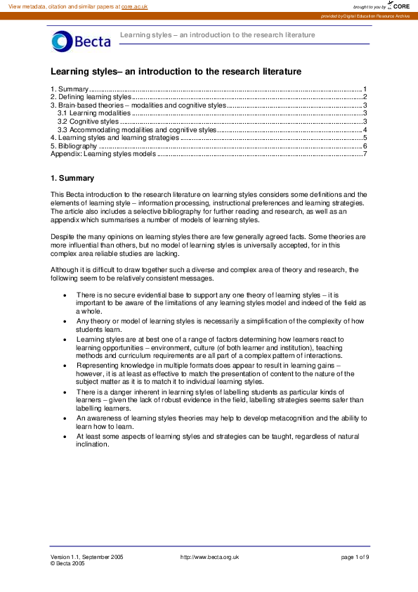 (PDF) Learning styles : an introduction to the research literature