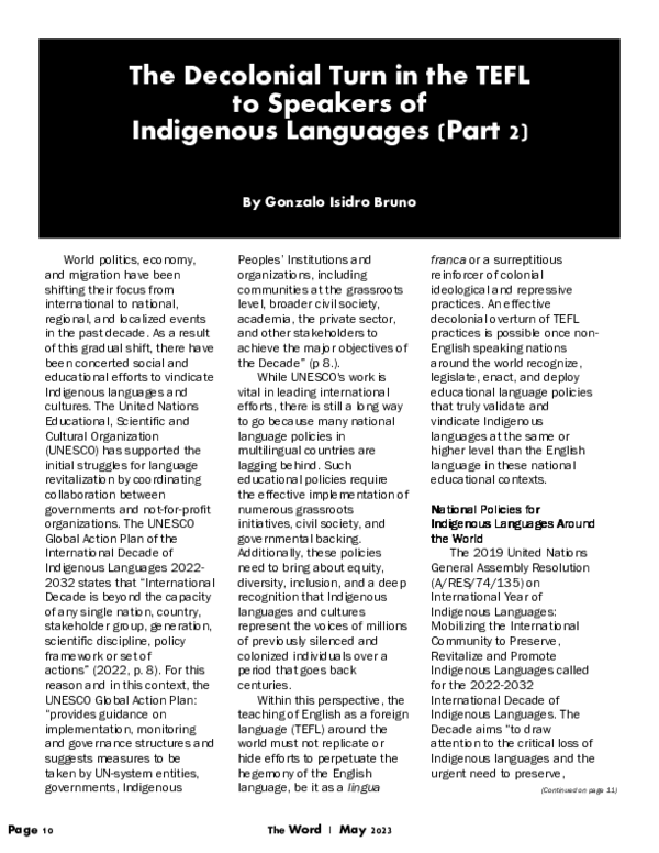 (PDF) The Decolonial Turn in the TEFL to Speakers of Indigenous ...