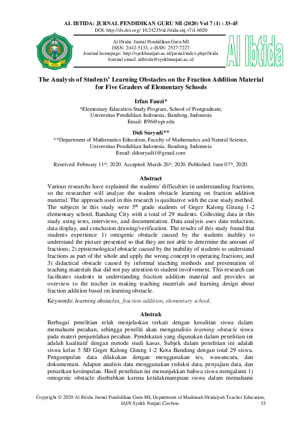 (PDF) The Analysis of Students’ Learning Obstacles on the Fraction ...