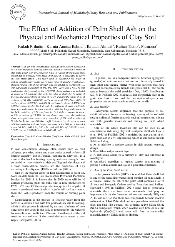 (PDF) The Effect of Addition of Palm Shell Ash on the Physical and ...