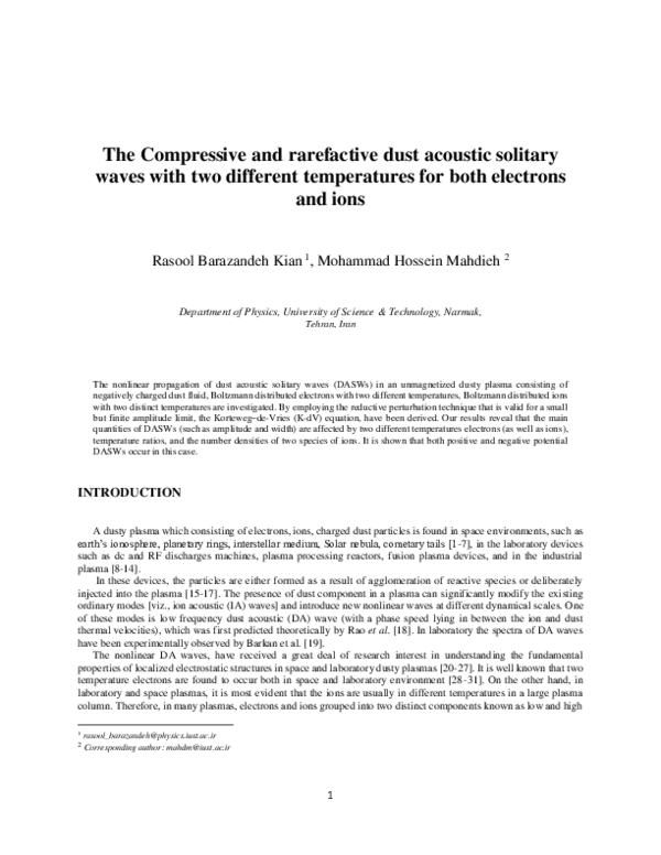 (PDF) The Compressive and Rarefactive Dust Acoustic Solitary Waves with ...