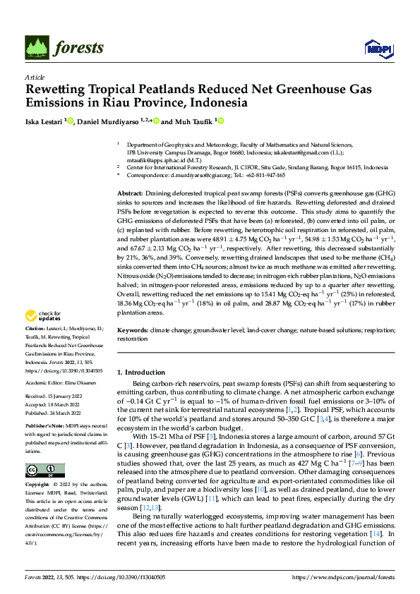 (PDF) Rewetting Tropical Peatlands Reduced Net Greenhouse Gas Emissions ...