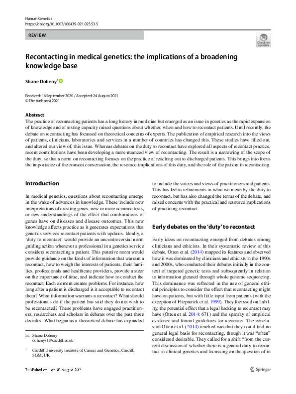 (PDF) Recontacting in medical genetics: the implications of a ...