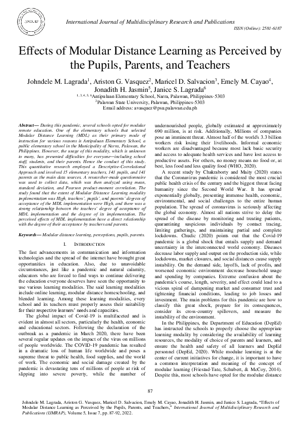 (PDF) Effects of Modular Distance Learning as Perceived by the Pupils ...