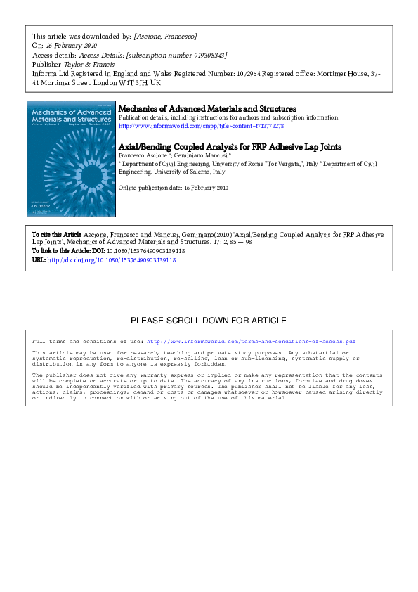 (PDF) Axial/Bending Coupled Analysis for FRP Adhesive Lap Joints