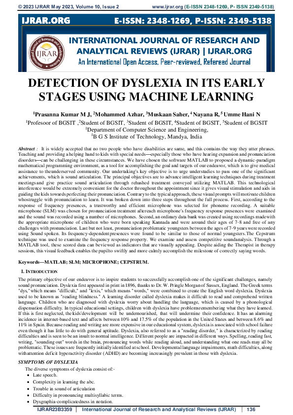 (PDF) DETECTION OF DYSLEXIA IN ITS EARLY STAGES USING MACHINE LEARNING