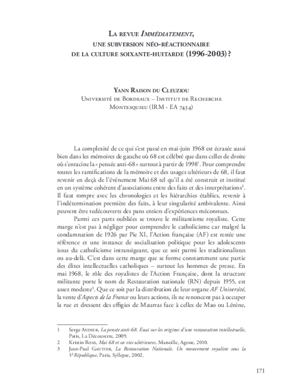 (PDF) « La revue Immédiatement, une subversion néo-réactionnaire de la ...