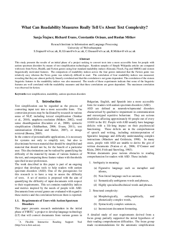 (PDF) What Can Readability Measures Really Tell Us About Text Complexity?