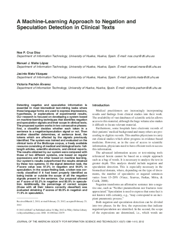 (PDF) A machine‐learning approach to negation and speculation detection ...
