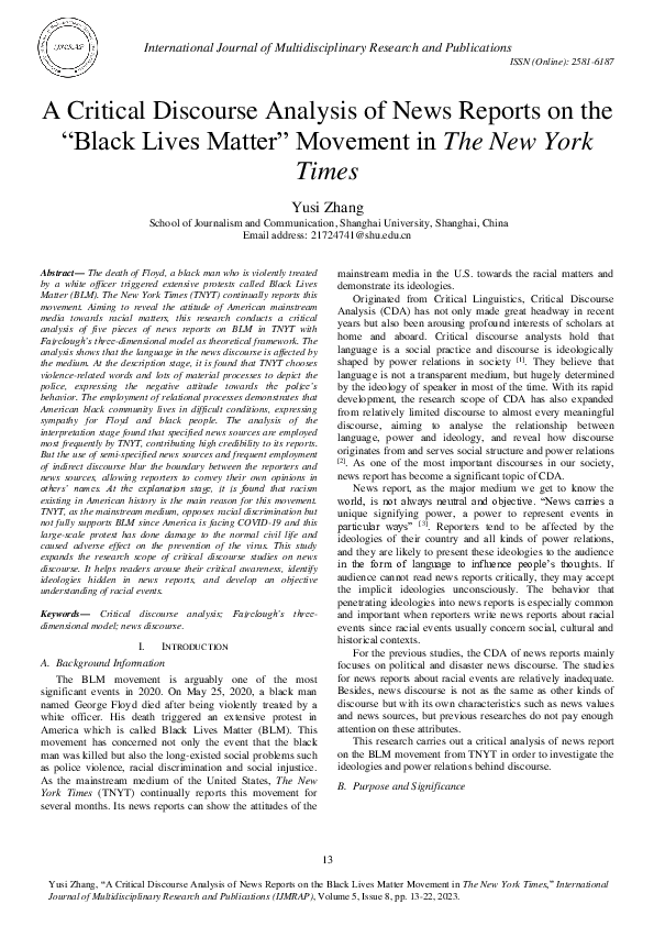 (PDF) A Critical Discourse Analysis of News Reports on the "Black Lives ...