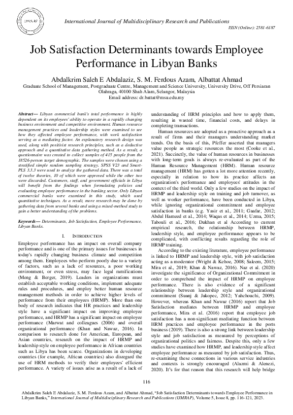 (PDF) Job Satisfaction Determinants towards Employee Performance in ...
