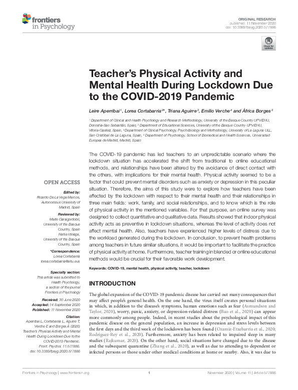 (PDF) Teacher's Physical Activity and Mental Health During Lockdown Due ...