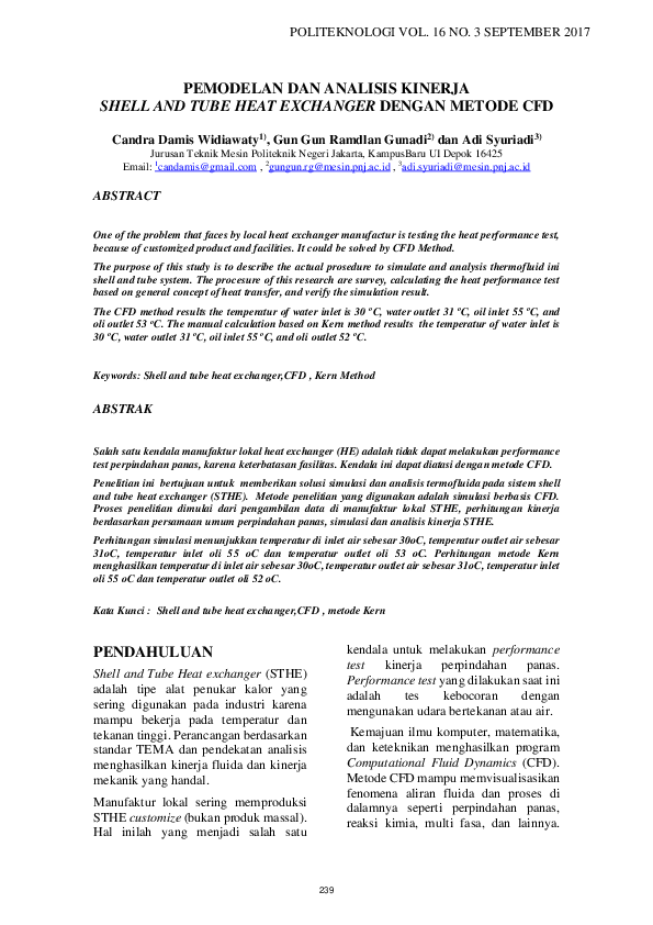 (PDF) Pemodelan Dan Analisis Kinerja Shell and Tube Heat Exchanger ...