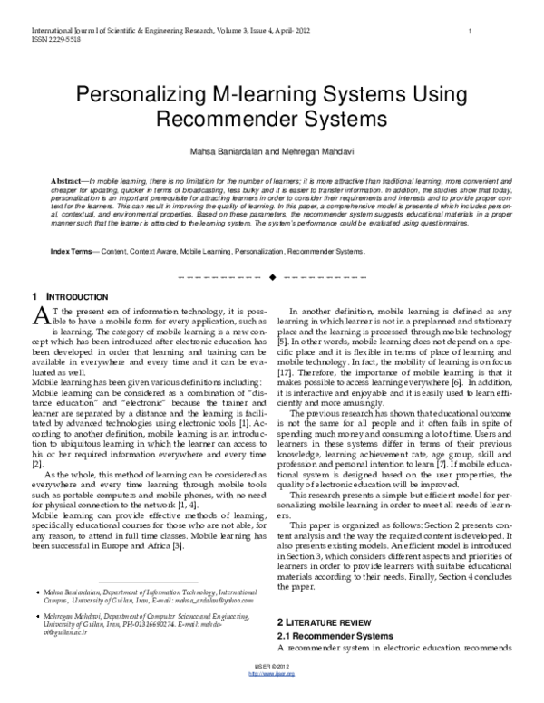 (PDF) Personalizing M-learning Systems Using Recommender Systems