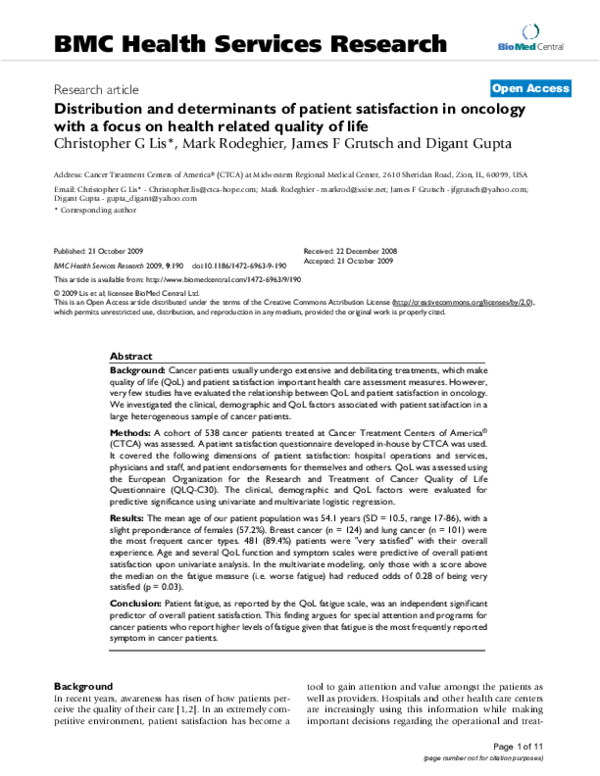 (PDF) Distribution and determinants of patient satisfaction in oncology ...
