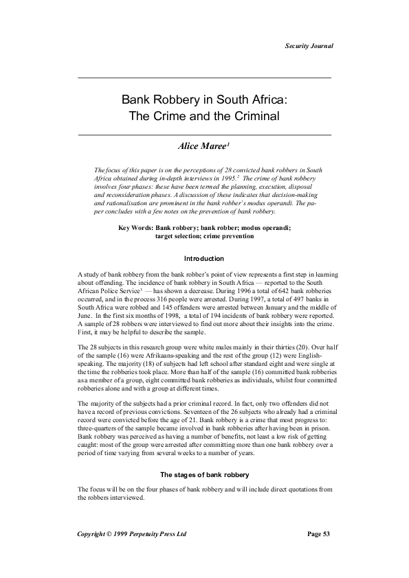 (PDF) Bank Robbery in South Africa: The Crime and the Criminal