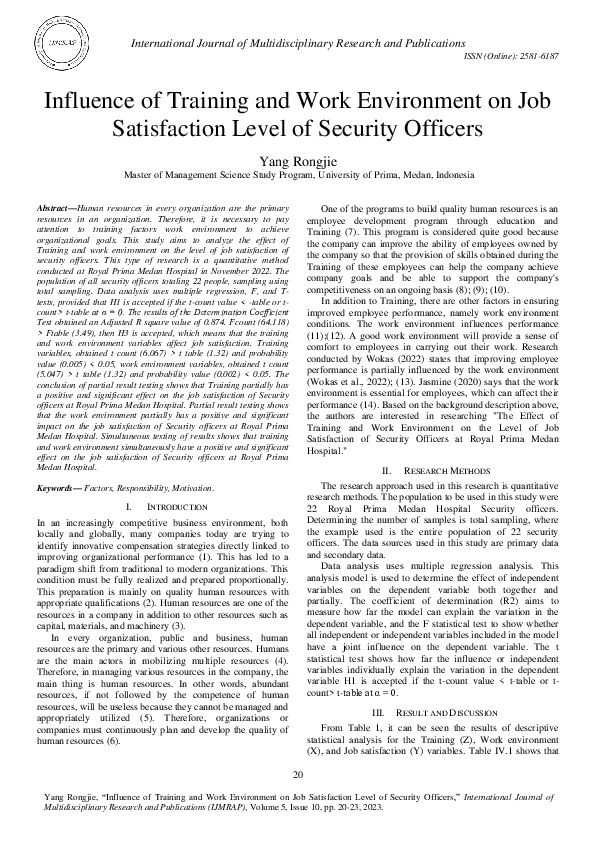 (PDF) Influence of Training and Work Environment on Job Satisfaction ...