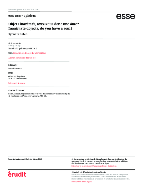 (PDF) Objets inanimés, avez-vous donc une âme? / Inanimate objects, do ...