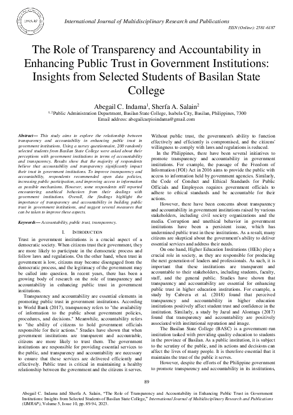 (PDF) The Role of Transparency and Accountability in Enhancing Public ...