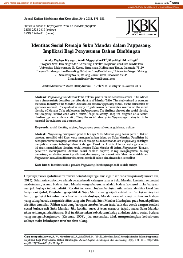 (PDF) Identitas Sosial Remaja Suku Mandar dalam Pappasang: Implikasi ...