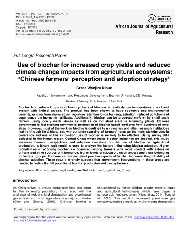 (PDF) Use of biochar for increased crop yields and reduced climate ...