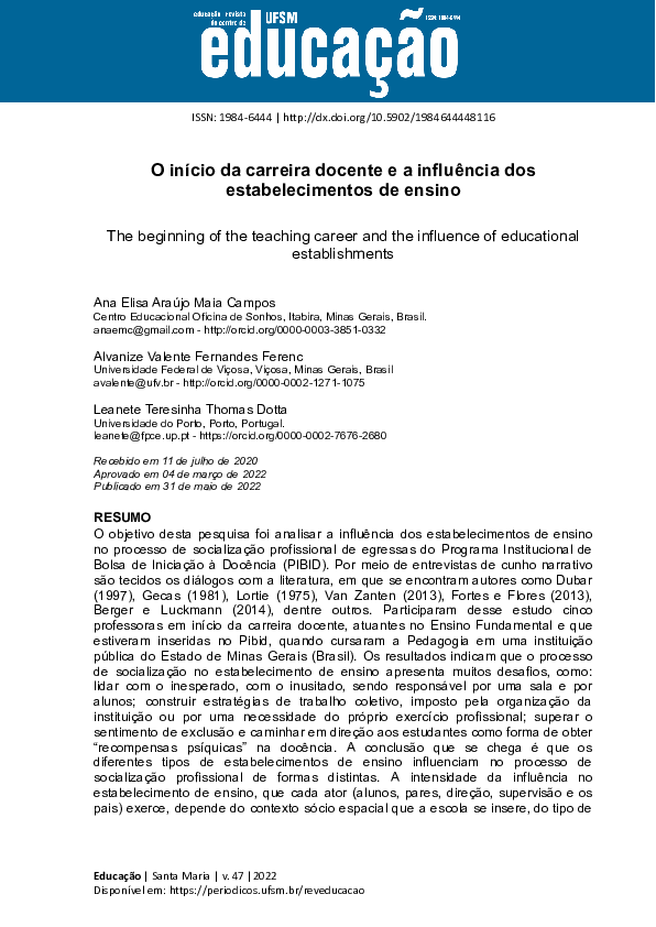 (PDF) Início Da Carreira Docente e a Influência Dos Estabelecimentos De ...