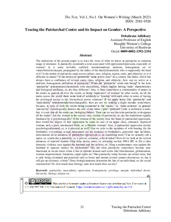 (PDF) Tracing the Patriarchal Centre and its Impact on Gender: A ...
