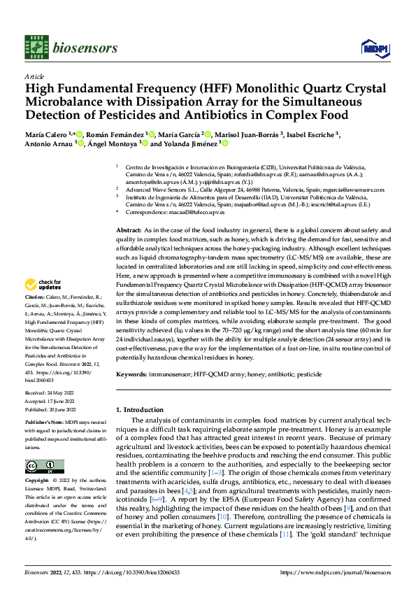 High Fundamental Frequency (HFF) Monolithic Quartz Crystal Microbalance with Dissipation Array for the Simultaneous Detection of Pesticides and Antibiotics in Complex Food