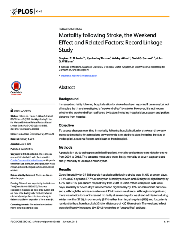 (PDF) Mortality following Stroke, the Weekend Effect and Related ...