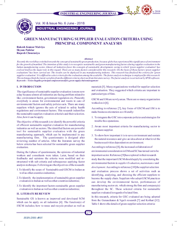 (PDF) Green Manufacturing Supplier Evaluation Criteria Using Principal ...
