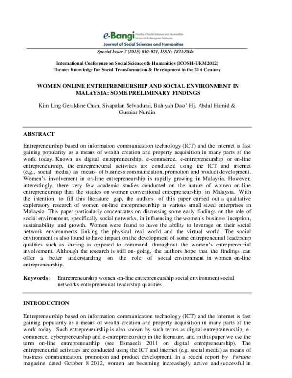 (PDF) Women Online Entrepreneurship and Social Environment in Malaysia ...