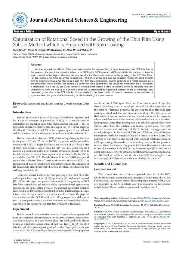 (PDF) Optimization of Rotational Speed in the Growing of the Thin Film ...
