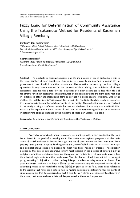 (PDF) Fuzzy Logic for Determination of Community Assistance Using the ...