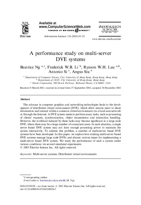 (PDF) A performance study on multi-server DVE systems