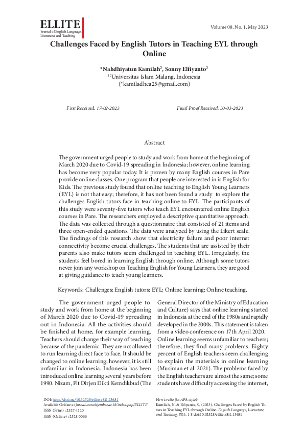 (PDF) Challenges Faced by English Tutors in Teaching EYL through Online