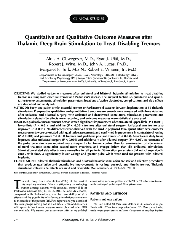 (PDF) Quantitative and Qualitative Outcome Measures after Thalamic Deep ...