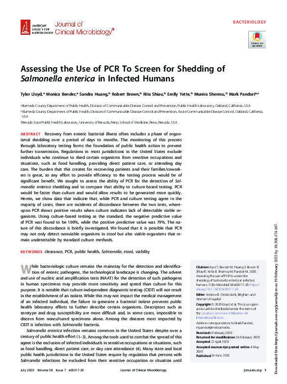(PDF) Assessing the Use of PCR To Screen for Shedding of Salmonella ...